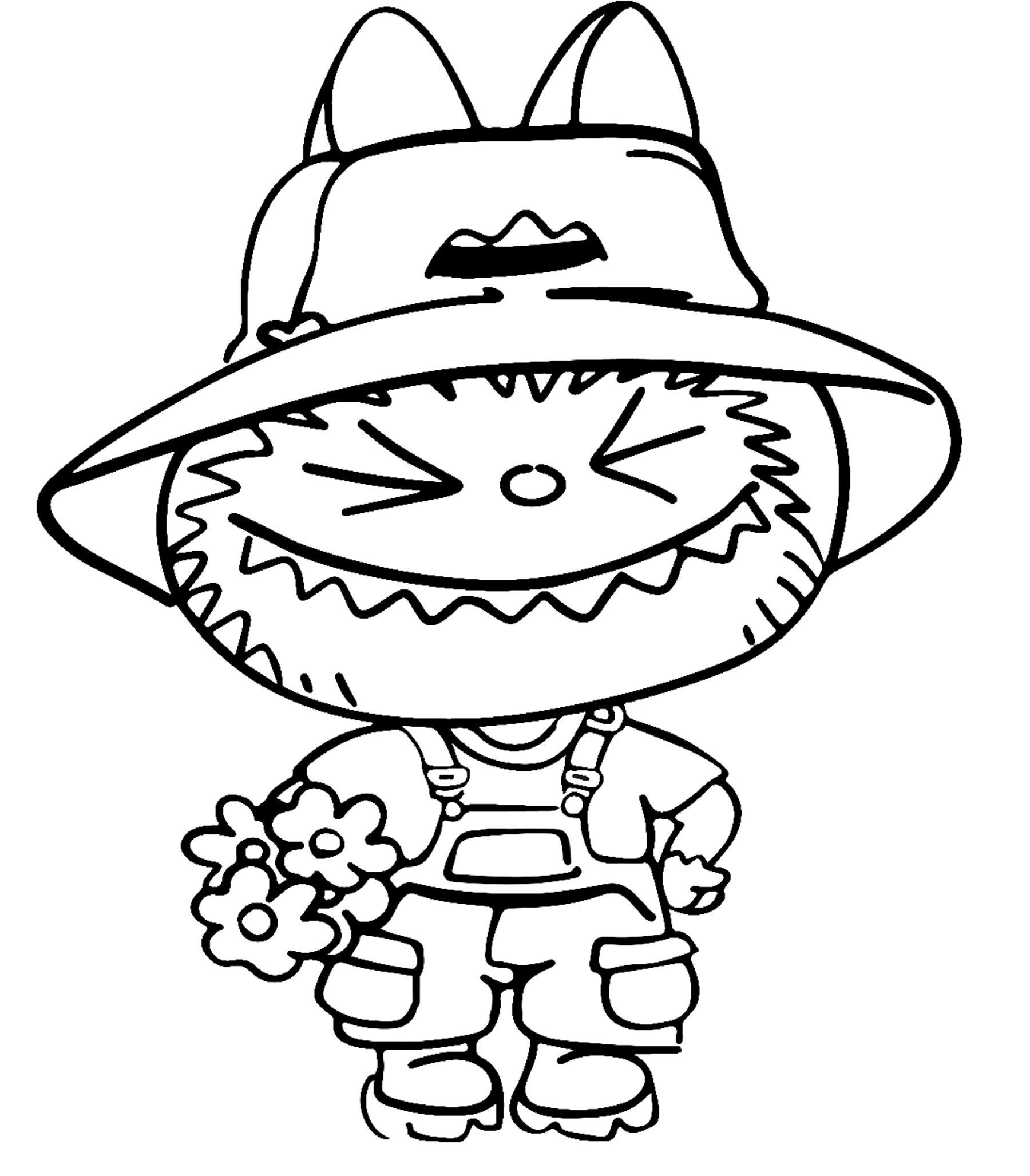 Labubu gardening with flowers, line art for coloring